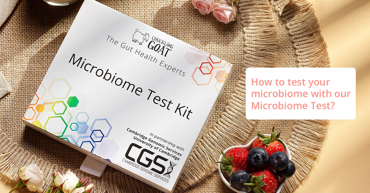 Image of Chuckling Goat Microbiome Test on background with nice textiles and fruit