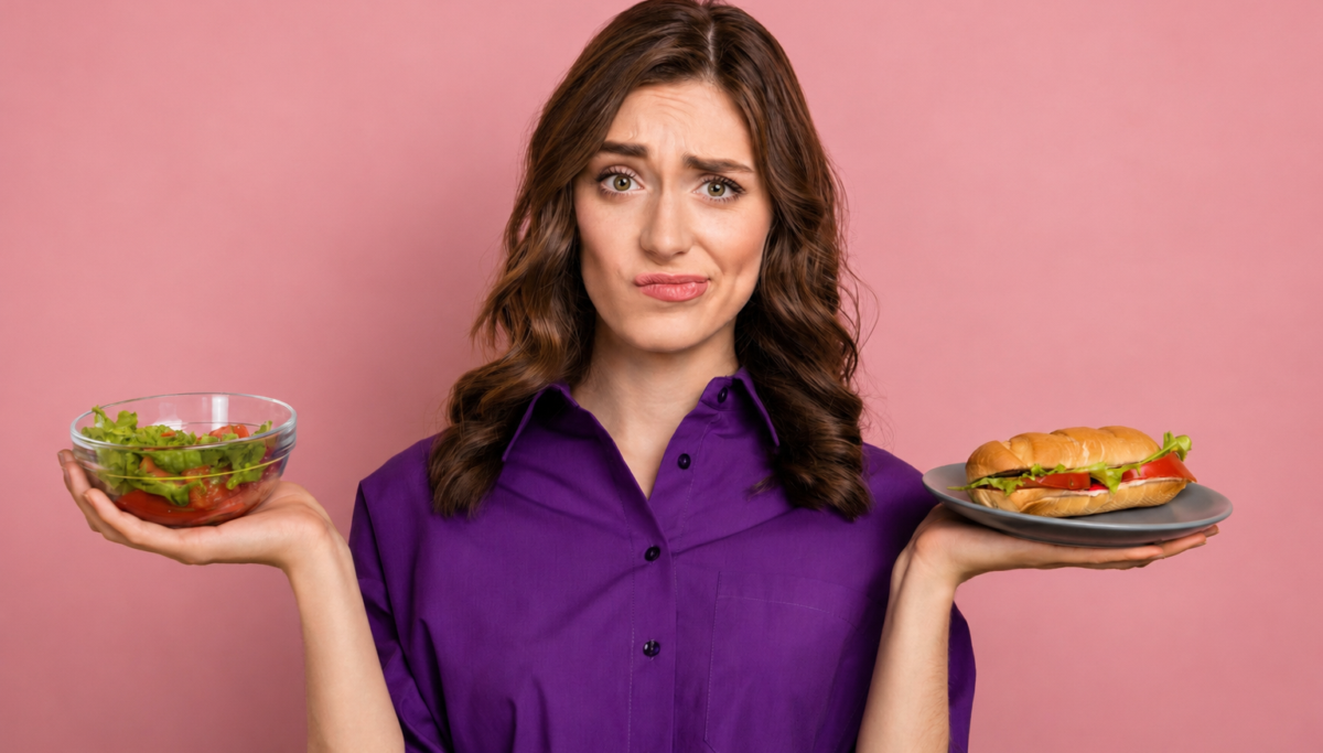 Photo of doubtful lady, confused about diet holding food on isolated pink background